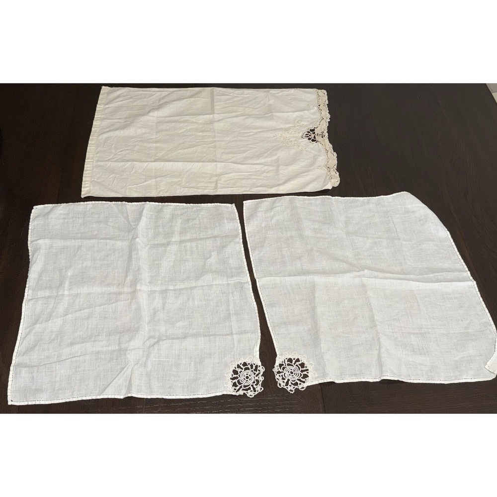 Set Of 3 Vintage Antique Embroidered‎ Tea Guest Towel & 2 Vintage Handkerchiefs